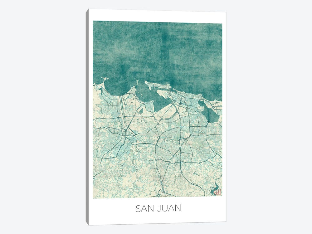 San Juan Vintage Blue Watercolor Urban Blueprint Map by Hubert Roguski 1-piece Canvas Art Print
