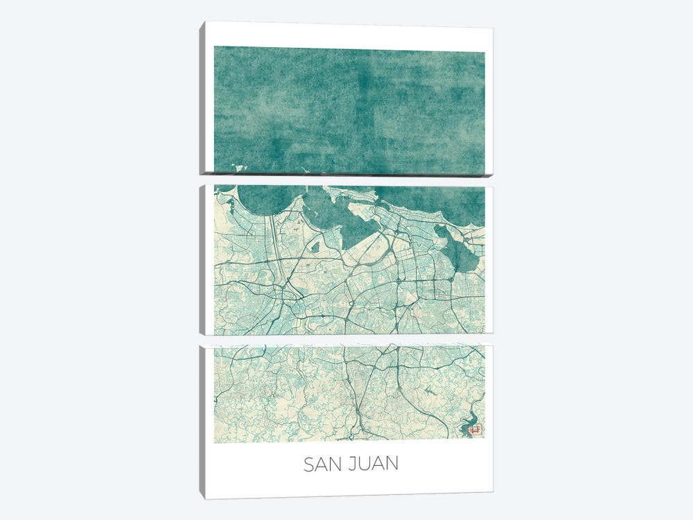 San Juan Vintage Blue Watercolor Urban Blueprint Map by Hubert Roguski 3-piece Canvas Print