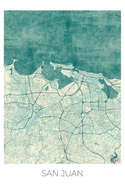Puerto Rico: San Juan Vintage Blue Watercolor Urban Blueprint Map by Hubert Roguski