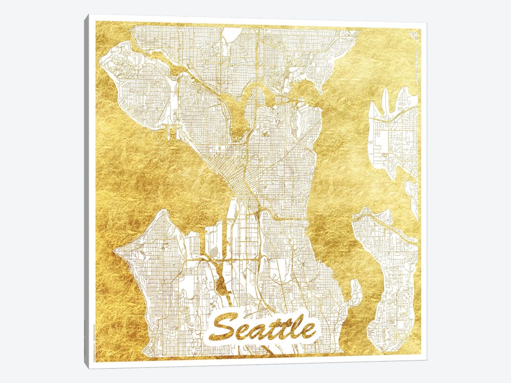 Seattle Gold Leaf Urban Blueprint Map by Hubert Roguski 1-piece Canvas Wall Art
