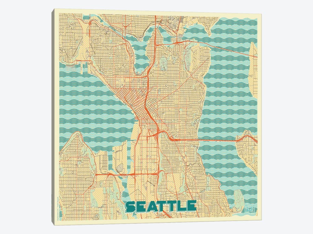 Seattle Retro Urban Blueprint Map by Hubert Roguski 1-piece Canvas Art Print