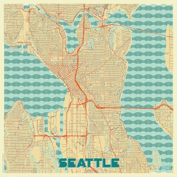 Seattle Maps: Seattle Retro Urban Blueprint Map by Hubert Roguski
