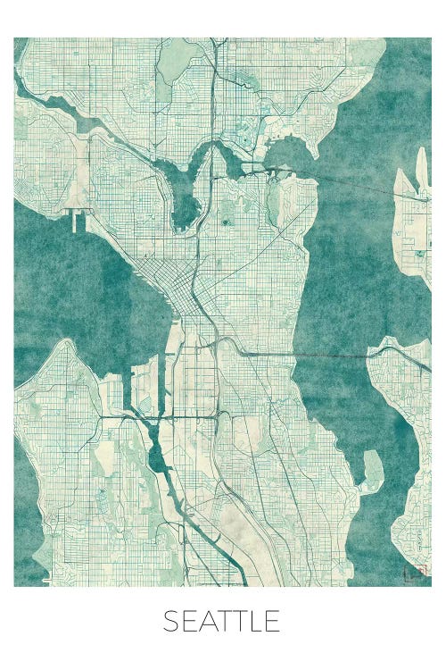 Seattle Vintage Blue Watercolor Urban Blueprint Map by Hubert Roguski wall art