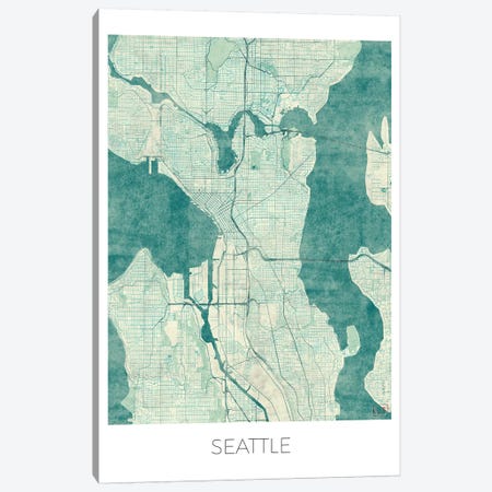 Seattle Vintage Blue Watercolor Urban Blueprint Map Canvas Print #HUR346} by Hubert Roguski Canvas Artwork