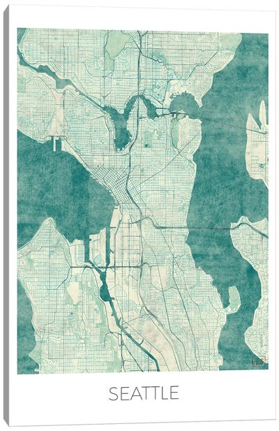 Seattle Vintage Blue Watercolor Urban Blueprint Map Canvas Art Print - Seattle Art