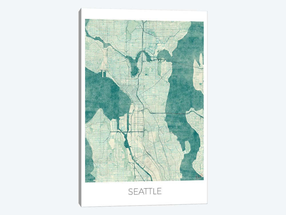 Seattle Vintage Blue Watercolor Urban Blueprint Map by Hubert Roguski 1-piece Canvas Wall Art