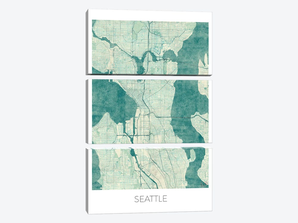 Seattle Vintage Blue Watercolor Urban Blueprint Map by Hubert Roguski 3-piece Canvas Art