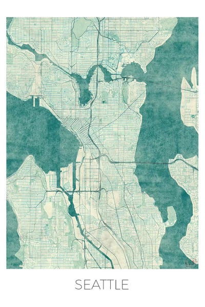 Large Map Art - Canvas Prints: Seattle Vintage Blue Watercolor Urban Blueprint Map by Hubert Roguski