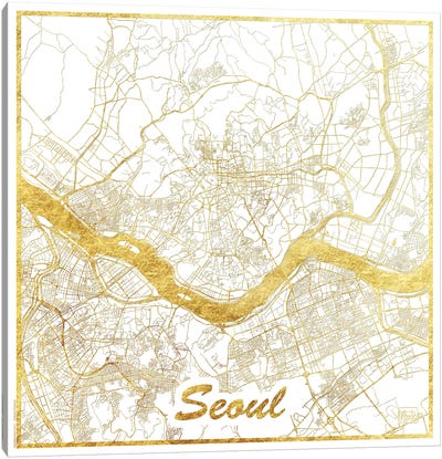 Seoul Gold Leaf Urban Blueprint Map Canvas Art Print - Gold & White Art