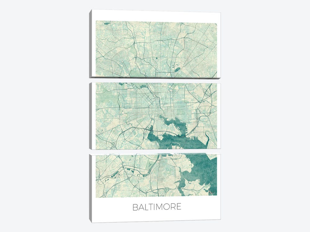 Baltimore Vintage Blue Watercolor Urban Blueprint Map by Hubert Roguski 3-piece Canvas Print