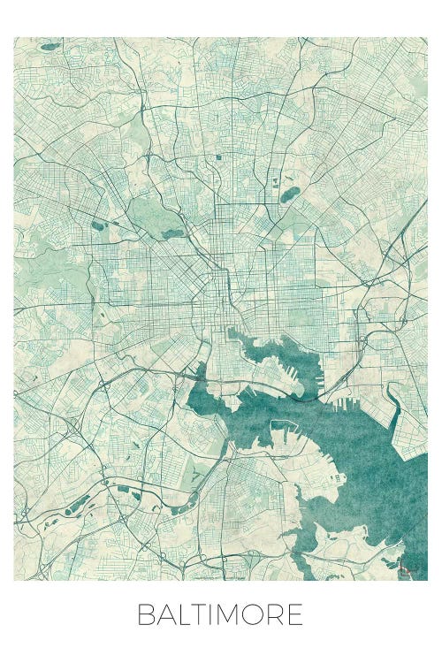 Baltimore Vintage Blue Watercolor Urban Blueprint Map