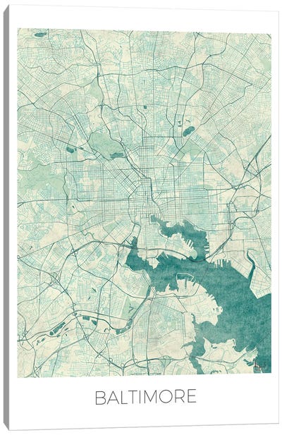 Baltimore Vintage Blue Watercolor Urban Blueprint Map Canvas Art Print - Maryland