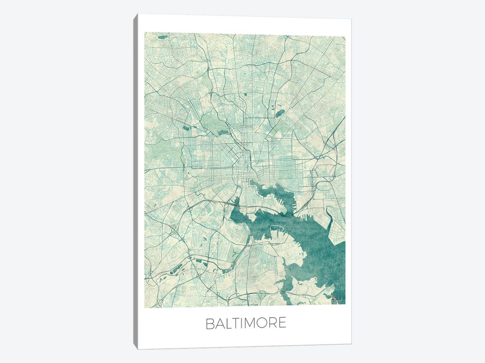 Baltimore Vintage Blue Watercolor Urban Blueprint Map by Hubert Roguski 1-piece Art Print