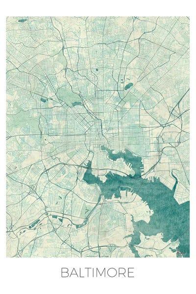 Maryland: Baltimore Vintage Blue Watercolor Urban Blueprint Map by Hubert Roguski