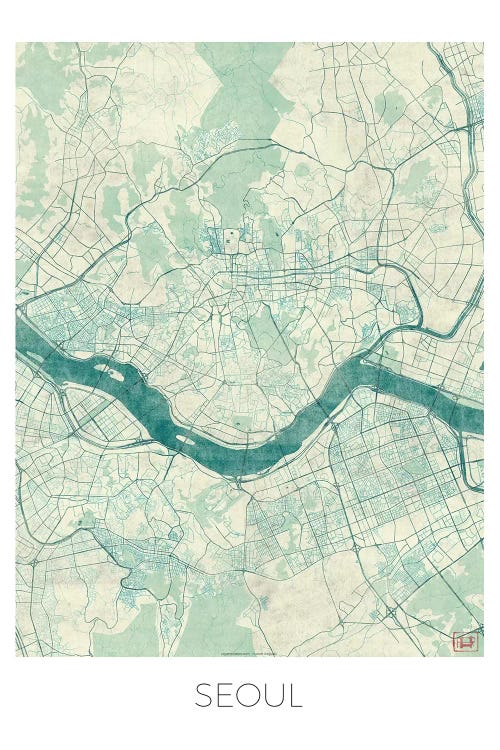 Seoul Vintage Blue Watercolor Urban Blueprint Map