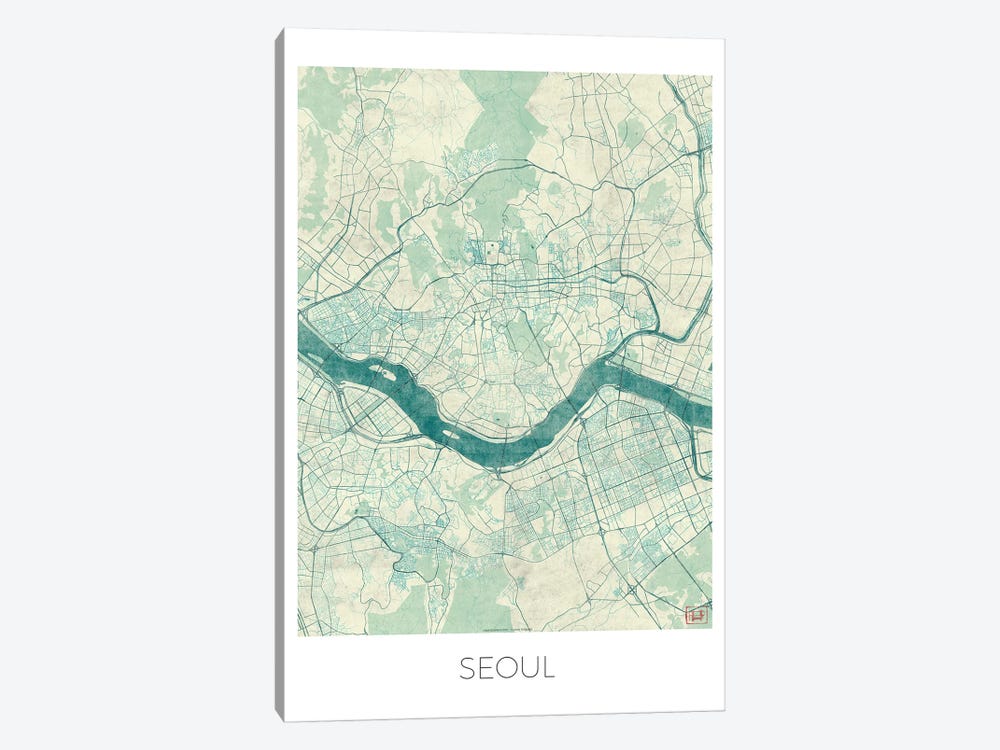Seoul Vintage Blue Watercolor Urban Blueprint Map by Hubert Roguski 1-piece Canvas Artwork