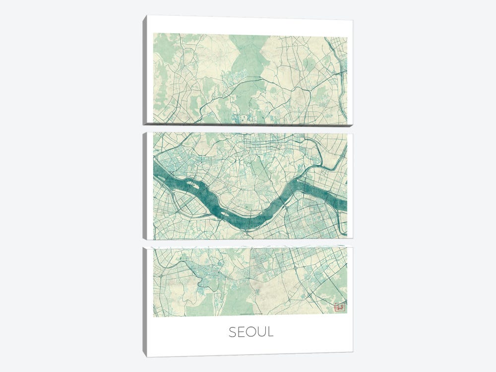Seoul Vintage Blue Watercolor Urban Blueprint Map by Hubert Roguski 3-piece Canvas Artwork