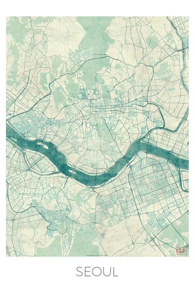 South Korea: Seoul Vintage Blue Watercolor Urban Blueprint Map by Hubert Roguski