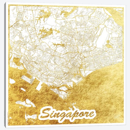 Singapore Gold Leaf Urban Blueprint Map Canvas Print #HUR352} by Hubert Roguski Canvas Artwork