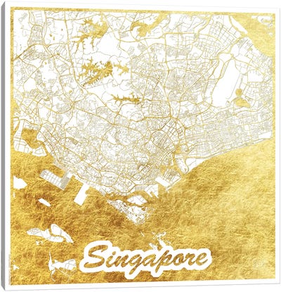 Singapore Gold Leaf Urban Blueprint Map Canvas Art Print - Black, White & Gold Art