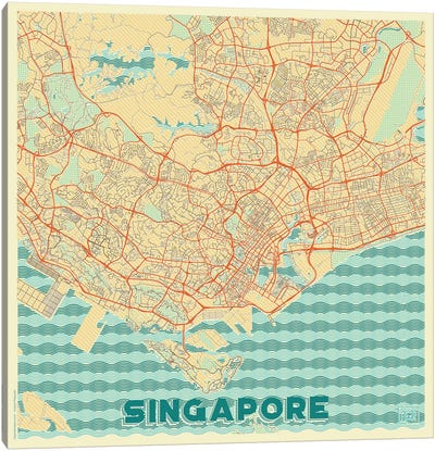 Singapore Retro Urban Blueprint Map Canvas Art Print - Singapore Art