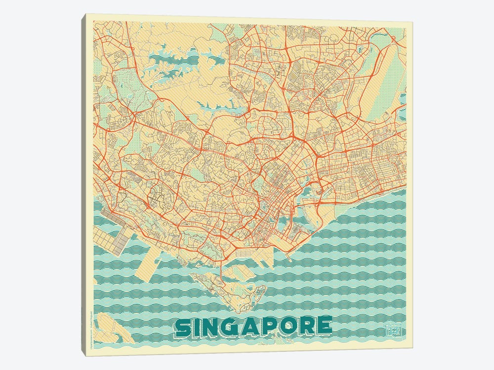 Singapore Retro Urban Blueprint Map by Hubert Roguski 1-piece Canvas Artwork