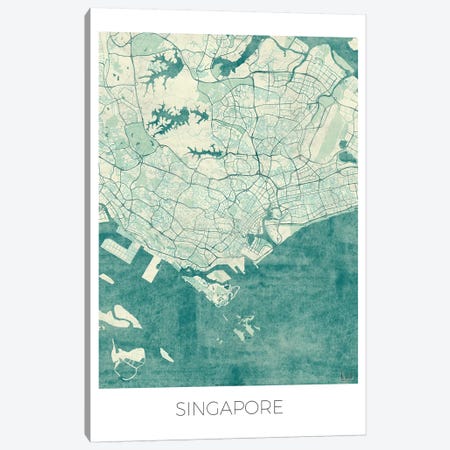 Singapore Vintage Blue Watercolor Urban Blueprint Map Canvas Print #HUR356} by Hubert Roguski Art Print