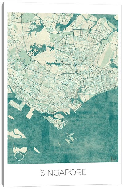 Singapore Vintage Blue Watercolor Urban Blueprint Map Canvas Art Print - Singapore Art