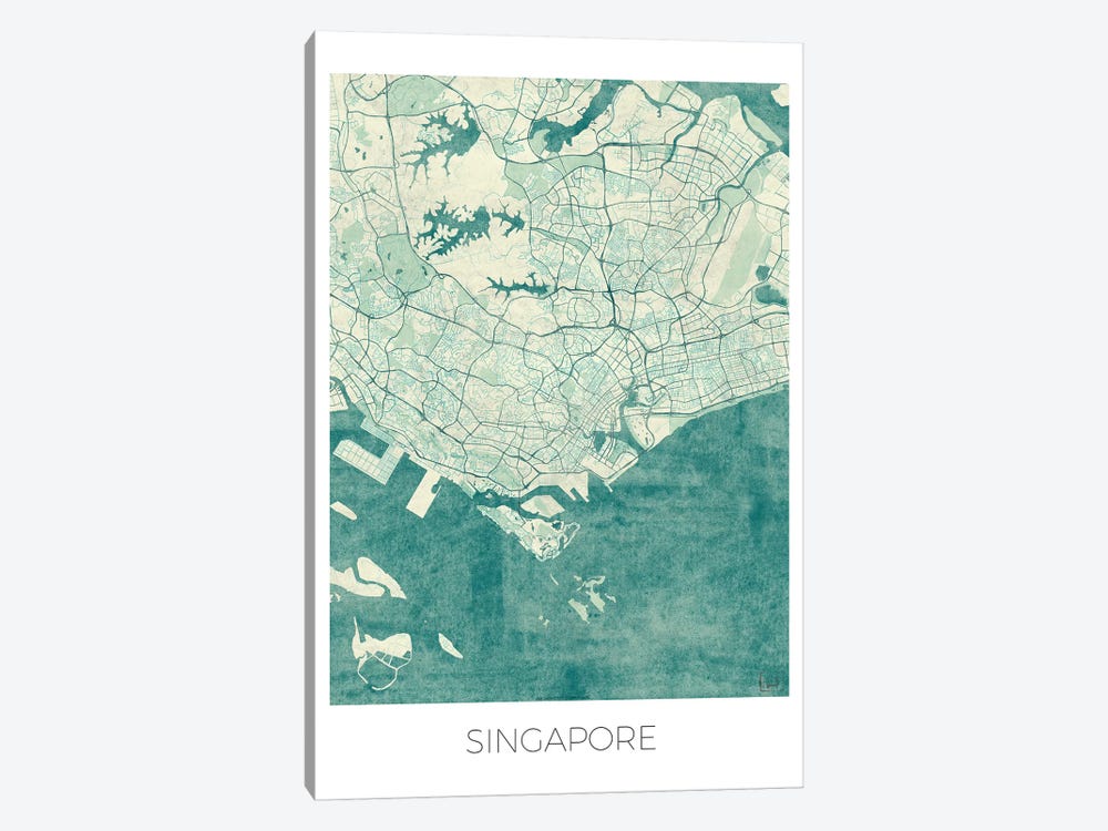 Singapore Vintage Blue Watercolor Urban Blueprint Map by Hubert Roguski 1-piece Canvas Print