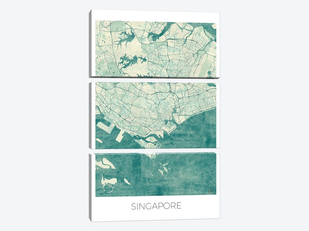 Singapore Vintage Blue Watercolor Urban Blueprint Map by Hubert Roguski 3-piece Canvas Print
