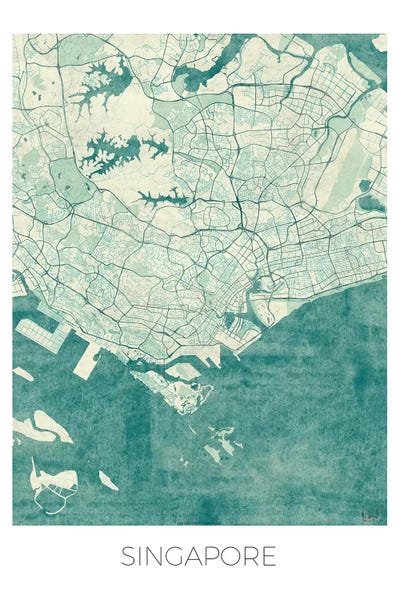 Singapore: Singapore Vintage Blue Watercolor Urban Blueprint Map by Hubert Roguski