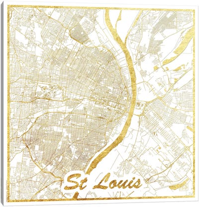 St. Louis Gold Leaf Urban Blueprint Map Canvas Art Print - Gold & White Art