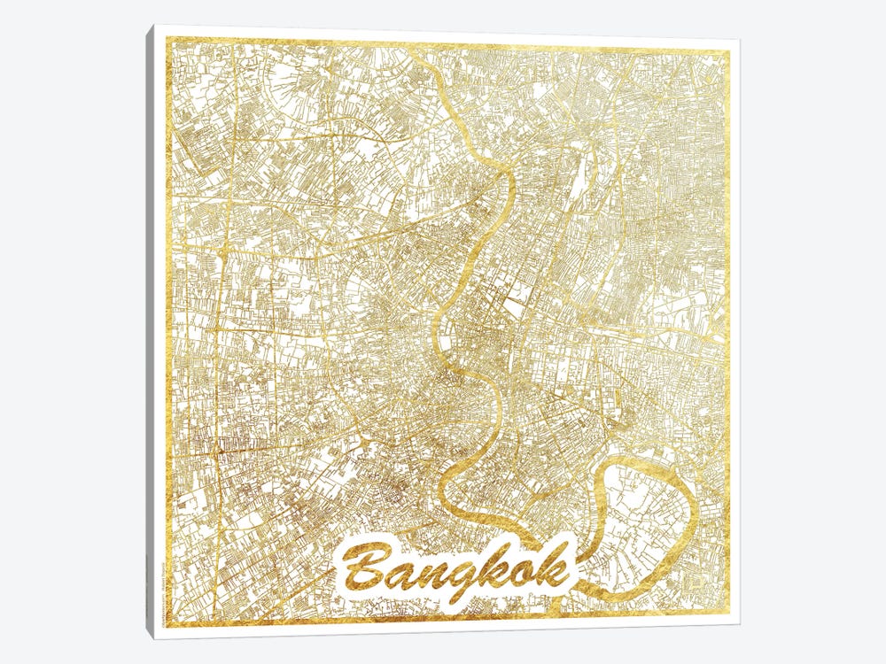 Bangkok Gold Leaf Urban Blueprint Map by Hubert Roguski 1-piece Canvas Art
