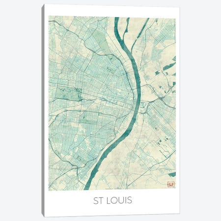St. Louis Vintage Blue Watercolor Urban Blueprint Map Canvas Print #HUR363} by Hubert Roguski Canvas Art Print