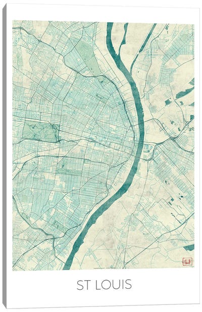 St. Louis Vintage Blue Watercolor Urban Blueprint Map Canvas Art Print - Missouri Art