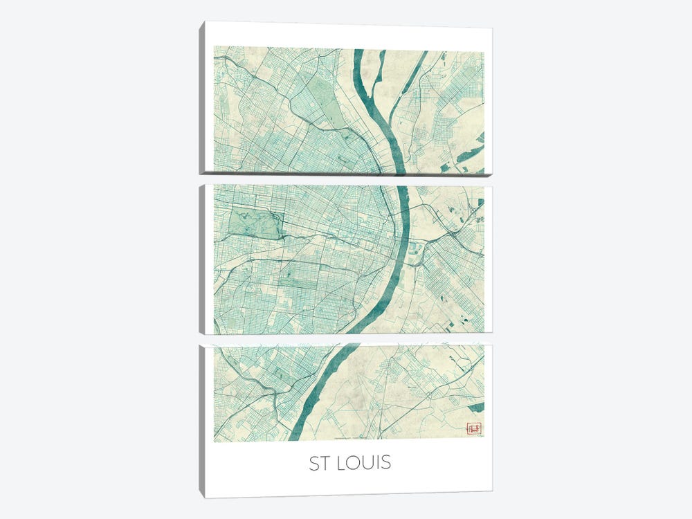 St. Louis Vintage Blue Watercolor Urban Blueprint Map by Hubert Roguski 3-piece Art Print