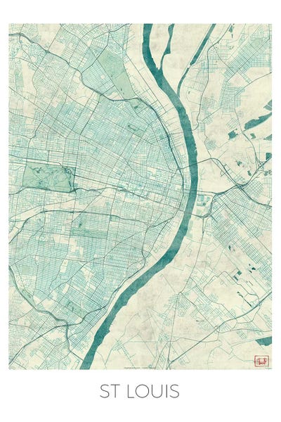 Hubert Roguski: St. Louis Vintage Blue Watercolor Urban Blueprint Map by Hubert Roguski