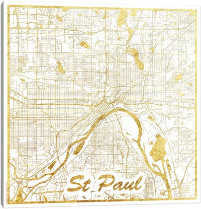 St. Paul Gold Leaf Urban Blueprint Map Canvas Art Print - Gold & White Art