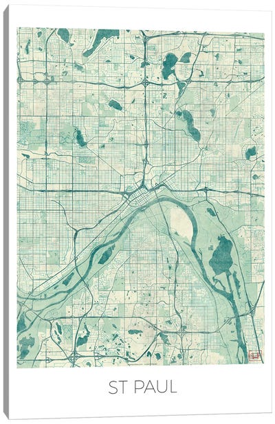 St. Paul Vintage Blue Watercolor Urban Blueprint Map Canvas Art Print - Minnesota Art