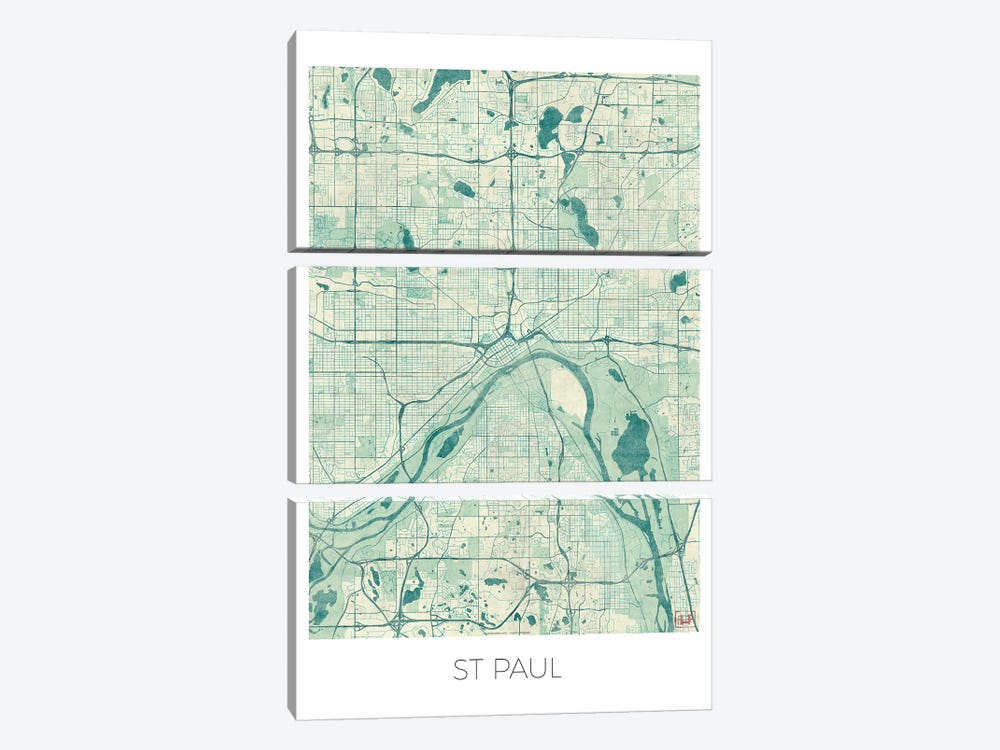 St. Paul Vintage Blue Watercolor Urban Blueprint Map by Hubert Roguski 3-piece Canvas Wall Art