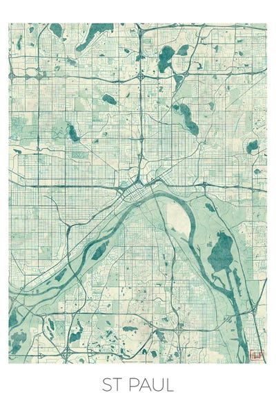 Hubert Roguski: St. Paul Vintage Blue Watercolor Urban Blueprint Map by Hubert Roguski