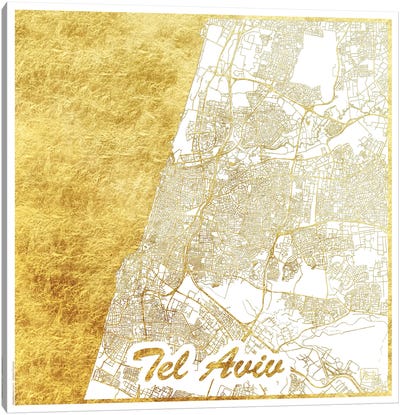 Tel Aviv Gold Leaf Urban Blueprint Map Canvas Art Print - Black, White & Gold Art
