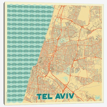 Tel Aviv Retro Urban Blueprint Map Canvas Print #HUR372} by Hubert Roguski Canvas Wall Art