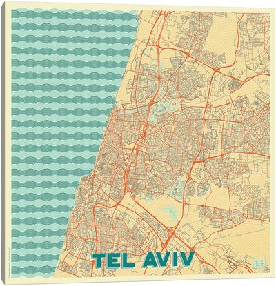 Tel Aviv Retro Urban Blueprint Map Canvas Art Print - Israel