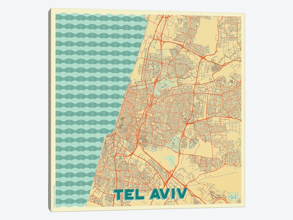 Tel Aviv Retro Urban Blueprint Map by Hubert Roguski 1-piece Canvas Art Print