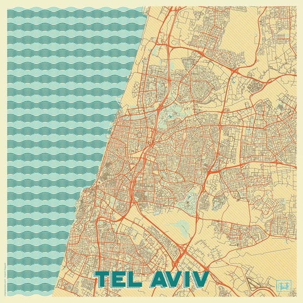 Hubert Roguski: Tel Aviv Retro Urban Blueprint Map by Hubert Roguski