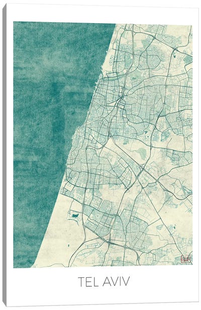 Tel Aviv Vintage Blue Watercolor Urban Blueprint Map Canvas Art Print - Israel