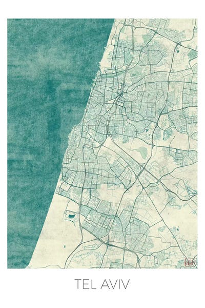 Hubert Roguski: Tel Aviv Vintage Blue Watercolor Urban Blueprint Map by Hubert Roguski