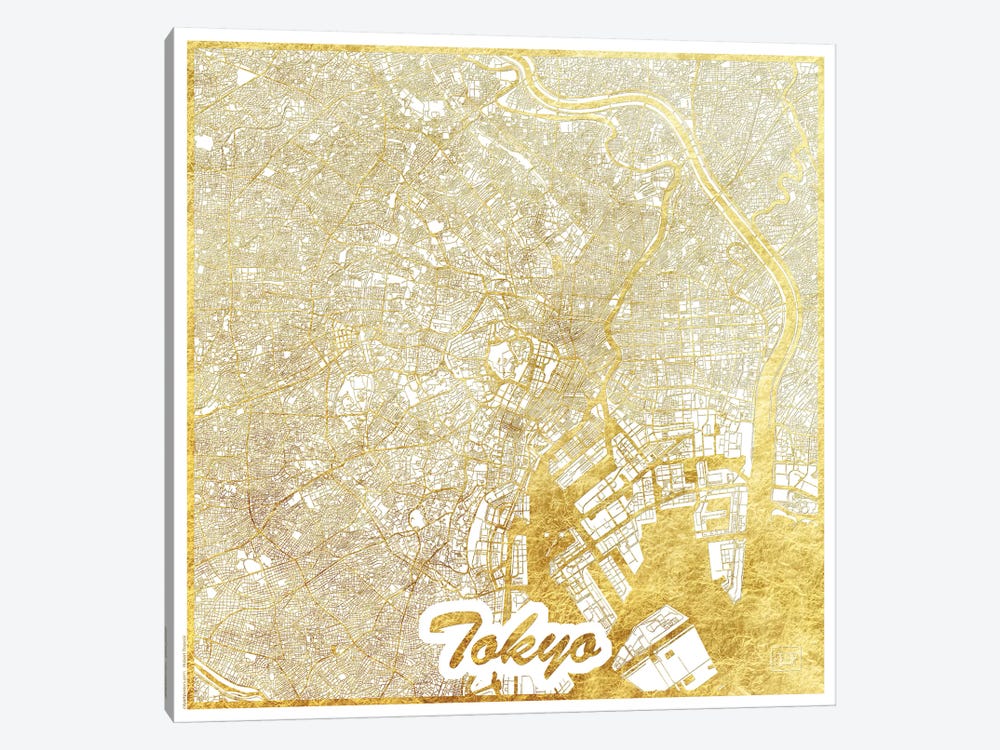 Tokyo Gold Leaf Urban Blueprint Map by Hubert Roguski 1-piece Canvas Art Print