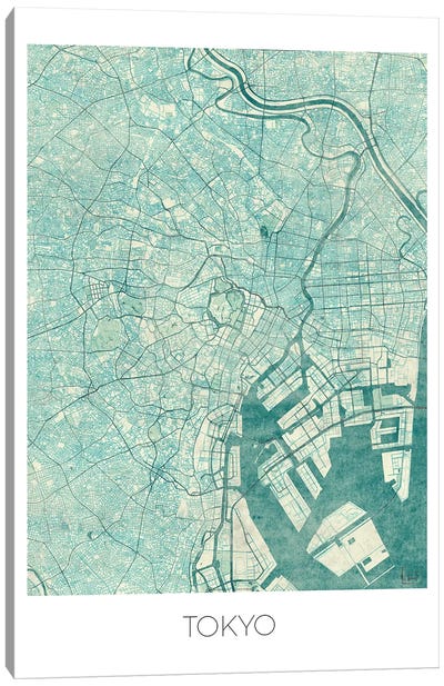 Tokyo Vintage Blue Watercolor Urban Blueprint Map Canvas Art Print - Hubert Roguski